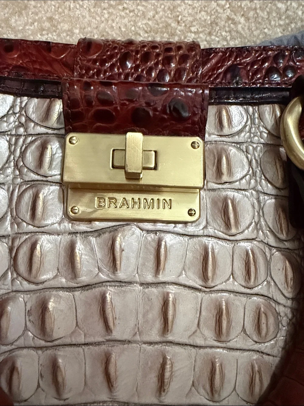 Brahmin Two-Tone Croc-Embossed Satchel in Chestnut Brown and Cream